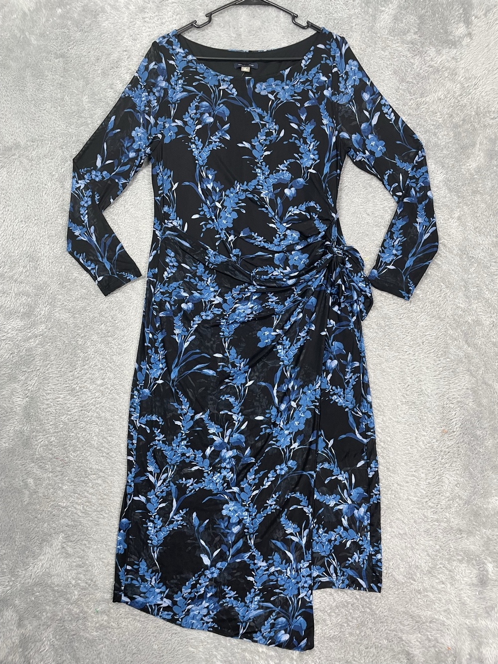 Tommy Hilfiger Sheath Wrap Dress Womens 14 Black Blue Floral Ruched Side Tie